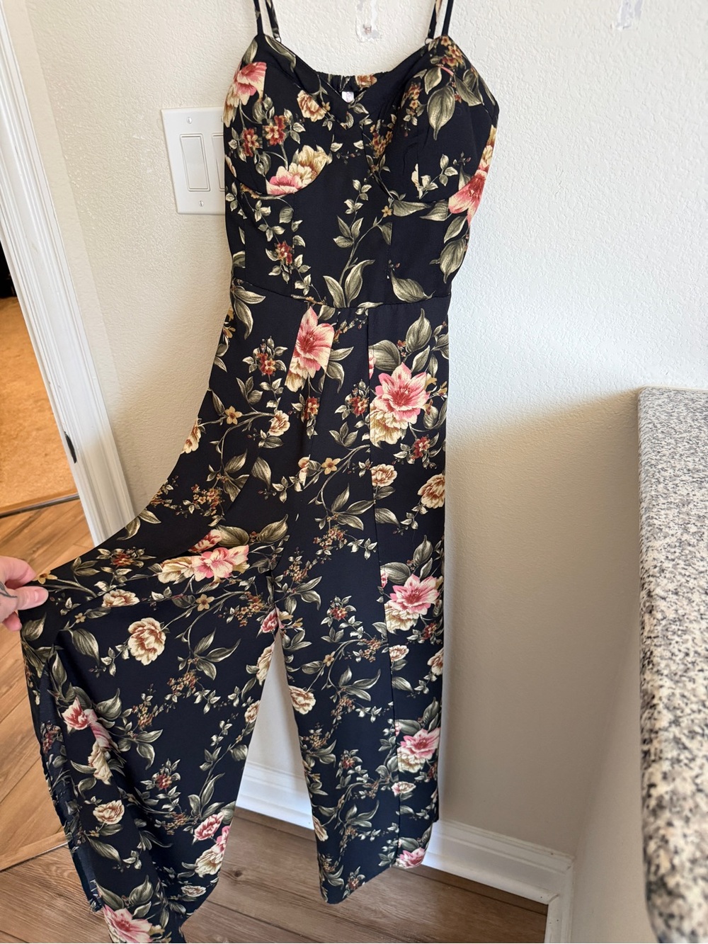 Xhilaration Black Floral Wide-Leg Jumpsuit with Pink & Cream Blooms